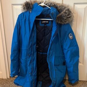 Lands' End women’s Royal Blue Puffer Jacket with Faux Fur Hood